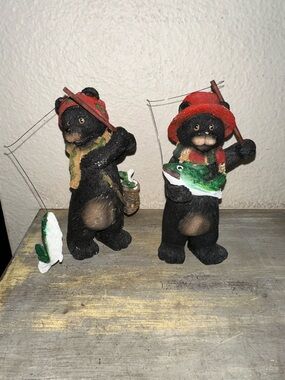 Rustic Black Bear Fisherman Figurines Set with Red Hats - Home Accents
